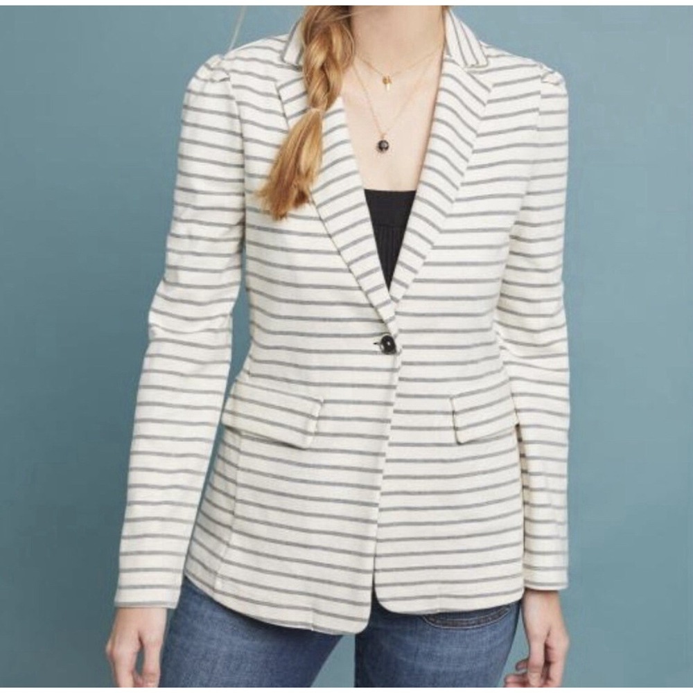 Anthropologie Single Breasted Francoise Blazer Knit Size M Striped Gray & Cream